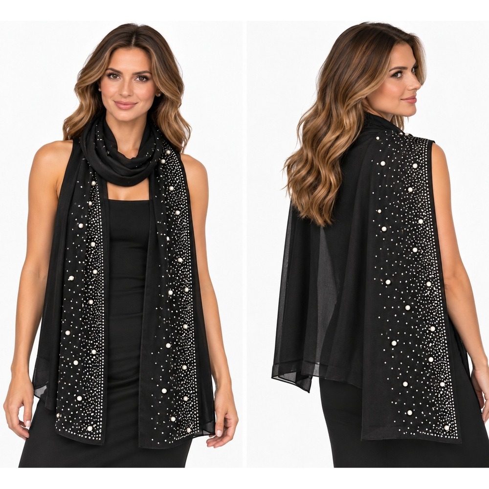 Jessica McClintock Black Sheer Evening Scarf Faux Pearl Studded Formal Wrap